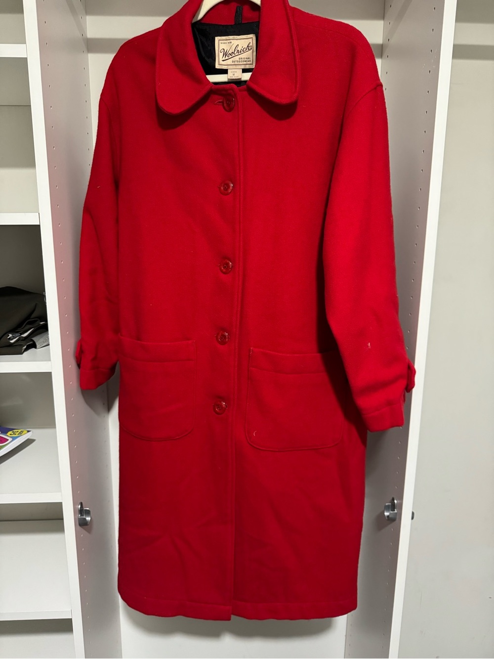 Vintage Woolrich Women's Red Button-Front 100% Wool Coat with Peter Pan Collar